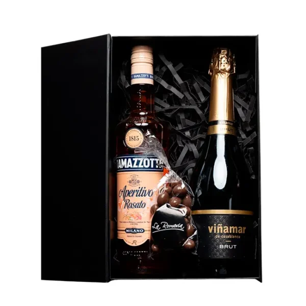 1 Viña Mar Brut 375cc + 1 Ramazotti Rosato + 1 Almendra + Caja M