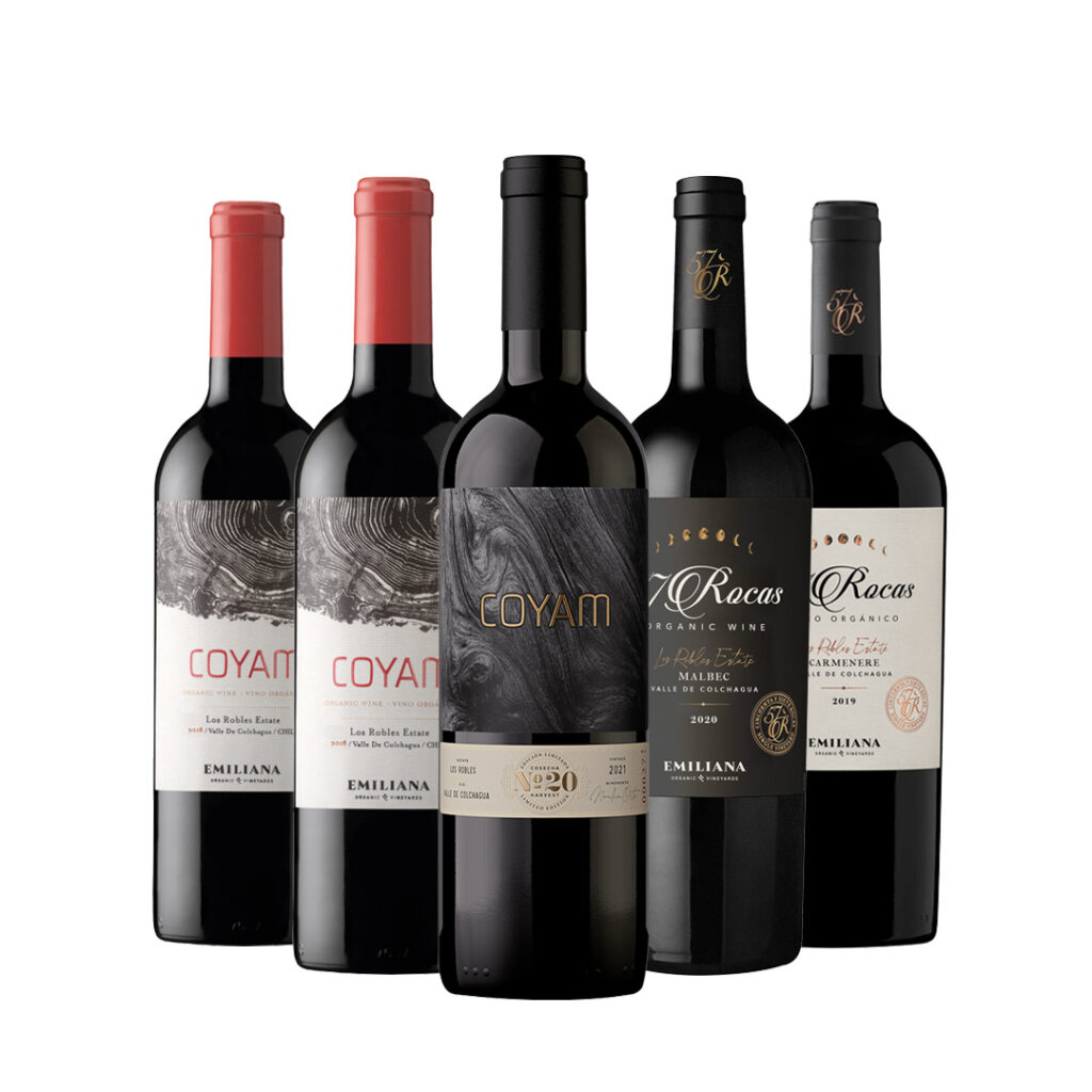1 Coyam 20 años 750cc + 2 Coyam 2021 750cc + 57 Rocas Malbec 750cc + 57 Rocas Carmenere 750cc