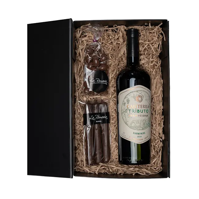 1 Caliterra Tributo G. Reserva Carmenere 750cc + 1 Cuchuflí + 1 Almendras